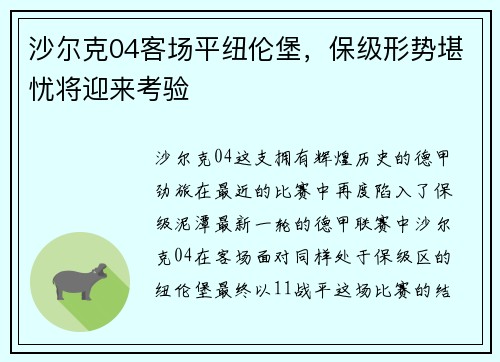 沙尔克04客场平纽伦堡，保级形势堪忧将迎来考验
